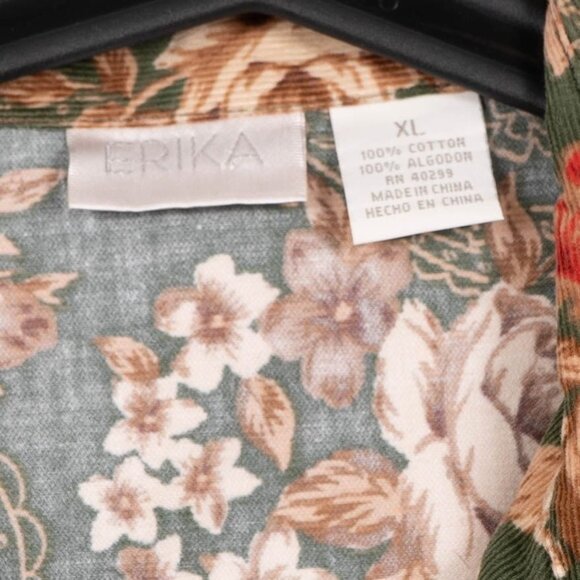 Erika Y2K Corduroy Button Up Shirt XL Green Floral 90s Paisley VNeck Grunge - Picture 4 of 5